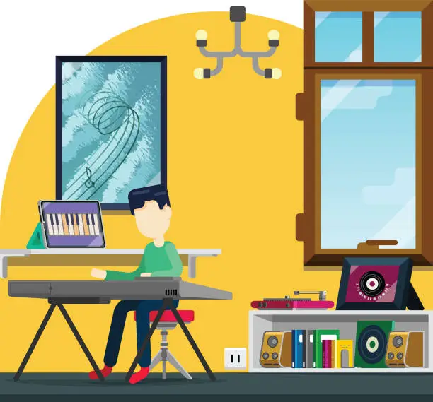 Vector illustration of E-learning music instrument from home, child learning piano