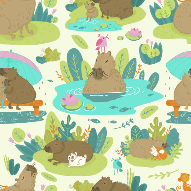 Pattern image of the capybara on the jungle green forest and lake, vector illustration, funny cartoon animal Cute capybara animal cartoon vector illustration. Wild, jungle animal on different backgrounds, lake and forest pattern. Natural design with happy brown pet. Can be useb as texture for kids attraction capybara-symbol stock illustrations
