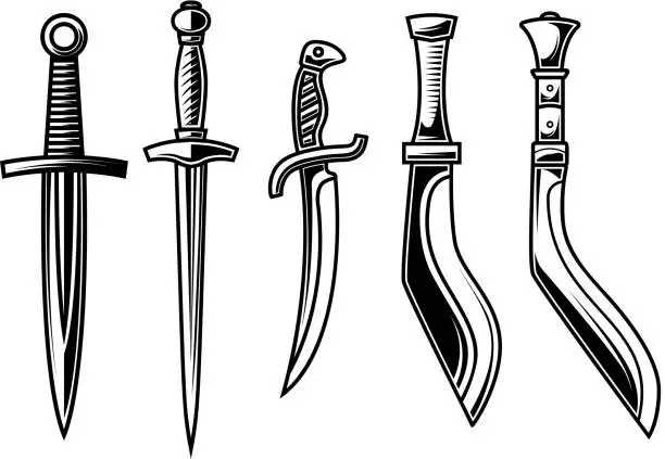 Vector illustration of Set of illustration of daggers in engraving style. Design element for label, emblem, sign. Vector illustration