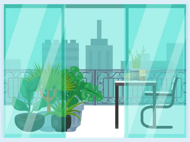 Vector illustration of Urban look from balcony, concept cityscape and terrace loggia flat vector illustration. Cozy relax place, design interior pot flower.