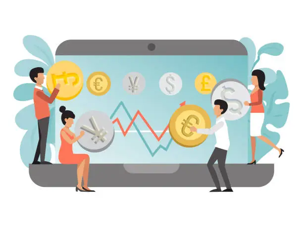 Vector illustration of Online currency exchange money transfer, mobile phone application, tiny character stand stack money flat vector illustration.