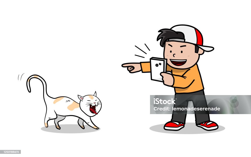 Little Kid Streaming His Cat Pet On Video And Try To Make It Do Funny Things  To Share It On Social Media Stock Illustration - Download Image Now - iStock