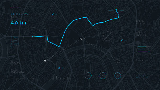 미래 경로 대시 보드 gps 추적지도, 도시 모스크바의 거리에서 매핑 기술과 최종 목적지를 탐색 - pursuit stock illustrations