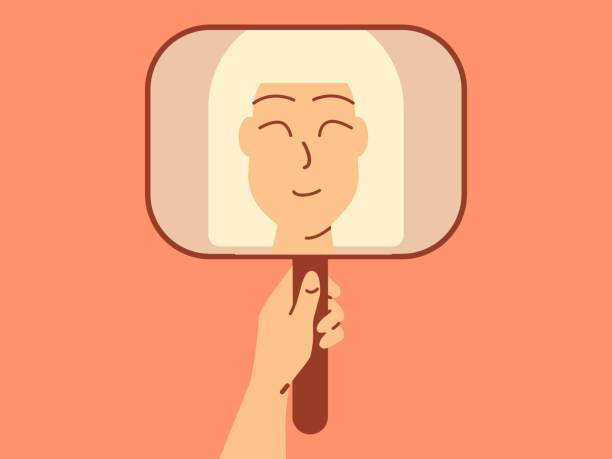 Smiling woman looking in the mirror Happy  character holding a mirror in her hand portrait. Physical and mental selfcare concept illustration. mirror object drawings stock illustrations