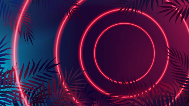 istock Modern futuristic Sci-Fi red neon lights, bright rays forming a circle on a blue-pink gradient background, vector illustration with branches of tropical leaves 1250189500