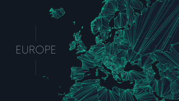 полигональная карта европейского континента с узлами, связанными линиями, векторный глобальный сетевой концептуальный плакат, абстрактна - spain germany stock illustrations