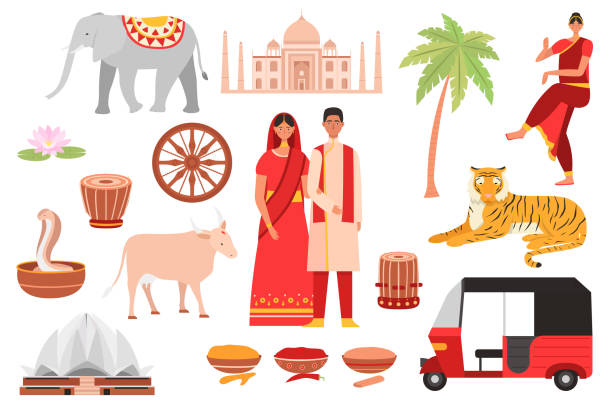 ilustrações de stock, clip art, desenhos animados e ícones de india, indian culture symbols, travel set with buddhism, tourist objects and country food, architecture and people isolated set of vector illustrations. - lotus mahal