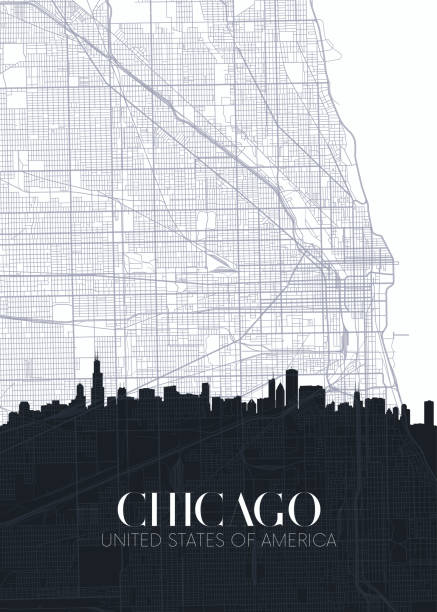 ilustraciones, imágenes clip art, dibujos animados e iconos de stock de skyline y mapa de la ciudad de chicago, detallado plan urbano vector impresión cartel - chicago