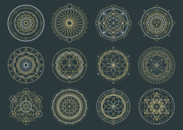 Vector set of sacred geometric figures, dreamcatcher and mystic symbols, alchemical and spiritual signs Vector set of sacred geometric figures, dreamcatcher and mystic symbols, alchemical and spiritual signs alchemy stock illustrations