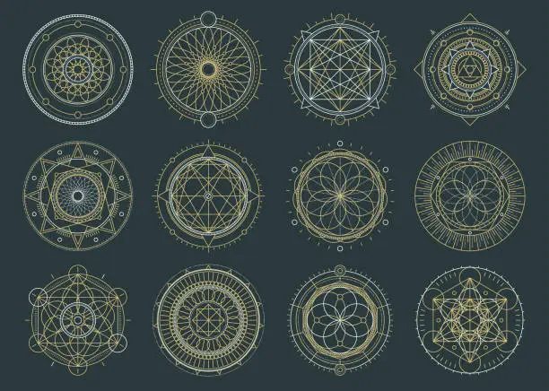Vector illustration of Vector set of sacred geometric figures, dreamcatcher and mystic symbols, alchemical and spiritual signs
