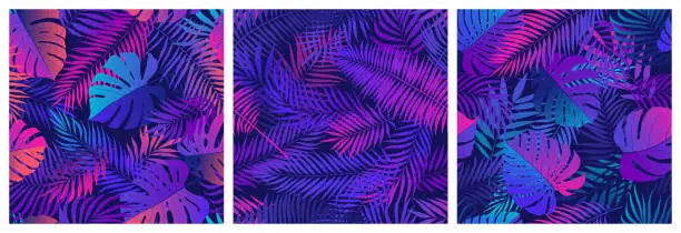 Vector illustration of Set of seamless patterns with tropical exotic leaves and plants, vector set in ultraviolet shades, with neon reflections of pink and blue colors