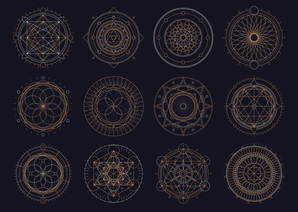 Vector set of sacred geometric figures, dreamcatcher and mystic symbols, golden abstract signs Vector set of sacred geometric figures, dreamcatcher and mystic symbols, golden abstract signs moon borders stock illustrations