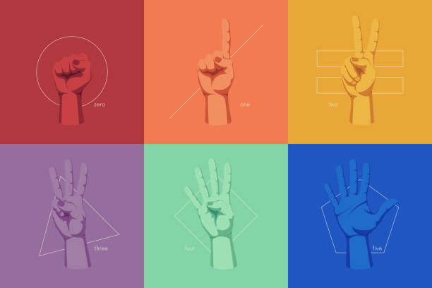 ilustraciones, imágenes clip art, dibujos animados e iconos de stock de gestos y signos con las manos humanas, contando con los dedos en el fondo de las formas geométricas, la ilustración vectorial de color - one two three four
