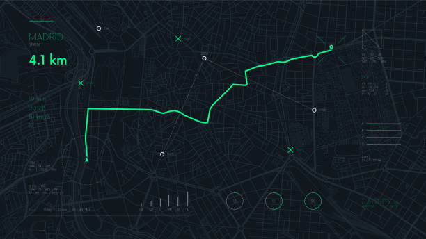 futuristische reise gps karte oder standort-navigator, navigieren mapping-technologie und ziel auf den straßen der stadt madrid - global positioning system direction satellite map stock-grafiken, -clipart, -cartoons und -symbole