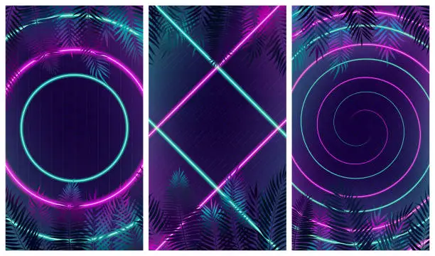 Vector illustration of Set of futuristic abstract modern compositions with pink and turquoise neon rays, Hi-end multi colored led cyberpunk style on the background of tiles and tropical plants