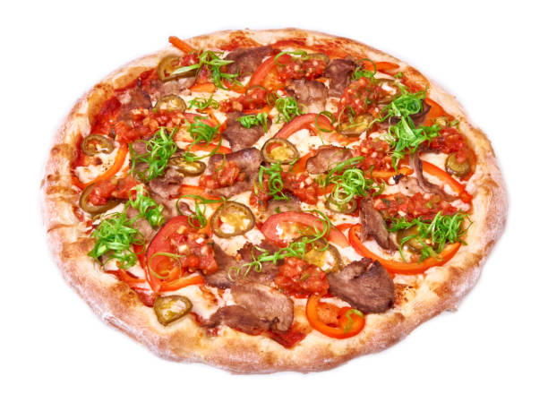 istock Meat pizza with jalapeno isolated on white background 1250189925