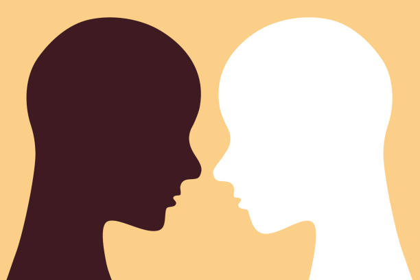Face to face white and black colored human head Racial equality concept illustration. Flat design icon face to face stock illustrations