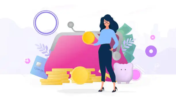 Vector illustration of Girls holds a gold coin. Mountain of coins, credit card, dollars. The concept of savings and accumulation of money.