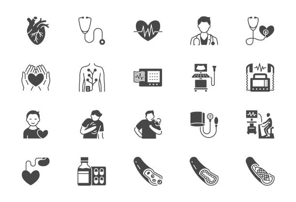 illustrazioni stock, clip art, cartoni animati e icone di tendenza di icone piatte di cardiologia. illustrazione vettoriale inclusa icona come infarto, monitor ecg, medico, pacemaker, defibrillatore, pittogramma silhouette nera aterosclerosi per clinica cardiovascolare medica - patient blood pressure gauge doctor male