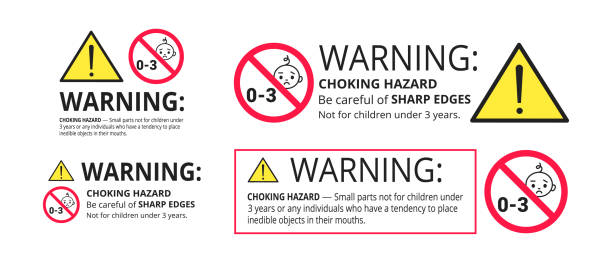 질식 위험 금지 기호 스티커는 흰색 배경 벡터 그림에 고립 된 3 세 미만의 어린이에게는 적합하지 않습니다. 날카로운 모서리와 작은 부품 경고. - choking stock illustrations