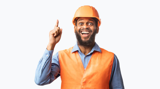 istock Excited Construction Worker Pointing Finger Up Having Idea, White Background 1250193672