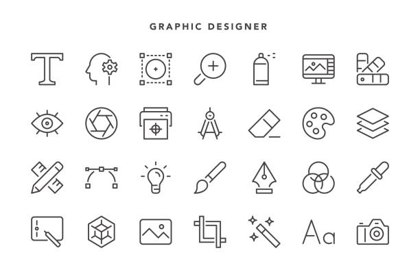 ilustraciones, imágenes clip art, dibujos animados e iconos de stock de iconos del diseñador gráfico - inmóvil fotos