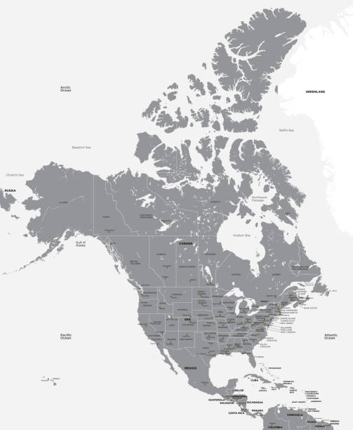 schwarz-weiß-karte der usa und kanadas - map usa north america canada stock-grafiken, -clipart, -cartoons und -symbole