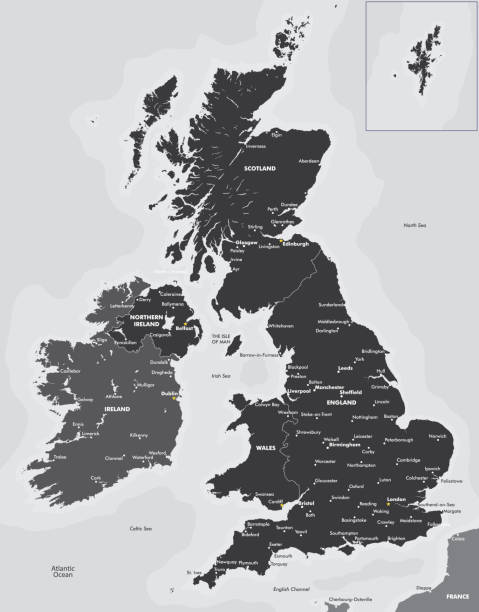 czarno-biała mapa wielkiej brytanii i irlandii - uk map regions england stock illustrations