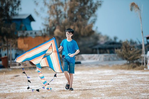 an asian chinese boy playing and flying kite  at the beach