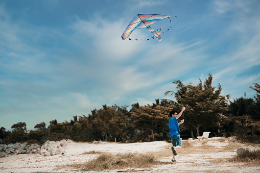 an asian chinese boy playing and flying kite at beach