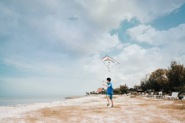istock an asian chinese boy playing and flying kite at beach 1250199532