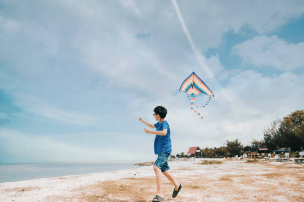 istock an asian chinese boy playing and flying kite at beach 1250199594
