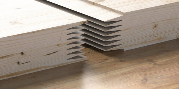 concepto de conexión de madera de junta de dedo. carpintería de fondo en zigzag sobre fondo de madera marrón. ilustración 3d - the end wood timber construction fotografías e imágenes de stock