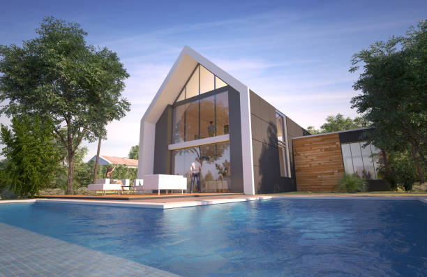 istock Modern pitched roof villa with pool 1250200218