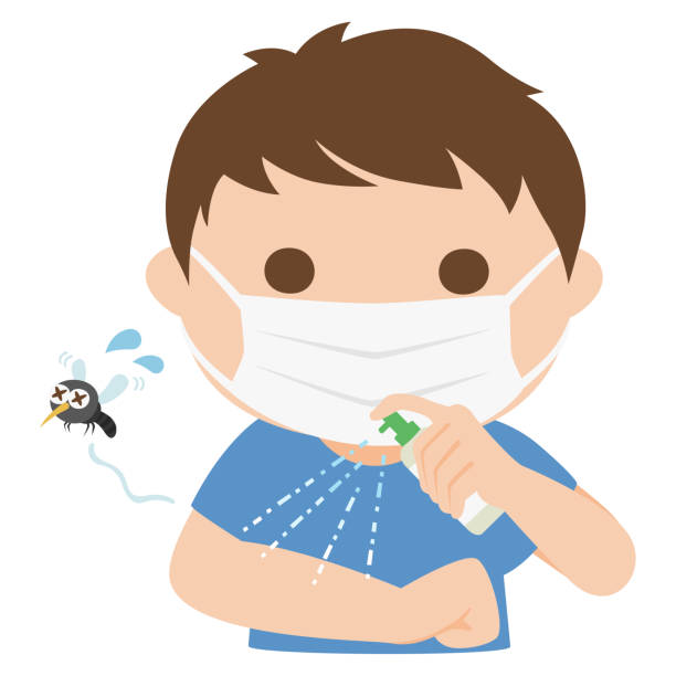 Illustration Of A Man Wearing A Mask Men Spray Insect Repellent To Prevent Mosquito  Bites Stock Illustration - Download Image Now - iStock