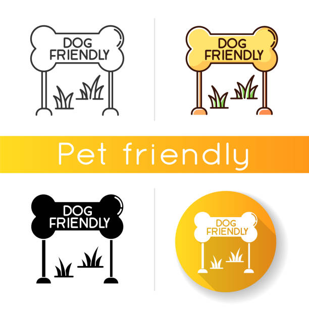 ilustrações de stock, clip art, desenhos animados e ícones de dog friendly zone icon. puppy allowed park and square mark. domestic animals permitted territories, lawn and garden. linear black and rgb color styles. isolated vector illustrations - line art welcome sign white black