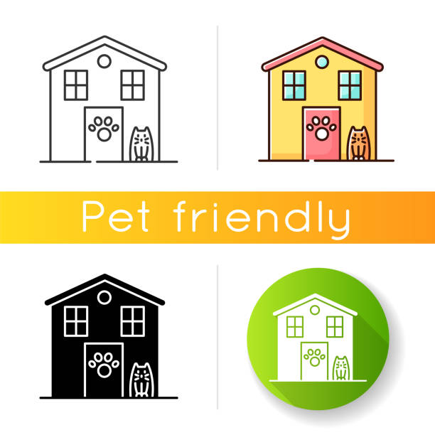 ilustrações de stock, clip art, desenhos animados e ícones de animal shelter exterior sign icon. stray cats and dogs house, homeless animals care place. kitty and doggy welcome area. linear black and rgb color styles. isolated vector illustrations - line art welcome sign white black