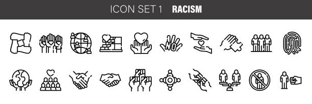 ilustrações, clipart, desenhos animados e ícones de ícones do racismo definidos. esboço de ícones vetoriais de racismo para web design isolados em fundo branco. - racismo