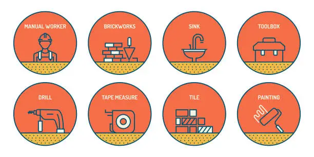 Vector illustration of Set of Home Repair and Maintenance Related Line Icons. Simple Outline Icons.