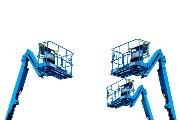 Articulated boom lift. Aerial platform lift. Telescopic boom lift isolated on white. Mobile construction crane for rent and sale. Maintenance and repair hydraulic boom lift service. Crane dealership. Articulated boom lift. Aerial platform lift. Telescopic boom lift isolated on white. Mobile construction crane for rent and sale. Maintenance and repair hydraulic boom lift service. Crane dealership. mobile crane stock pictures, royalty-free photos & images