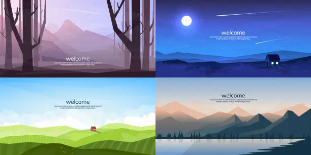 Vector illustration of Vector illustration. Flat design landscapes set. Woods and mountains, night scene, alone house in the meadow, lake near hills
