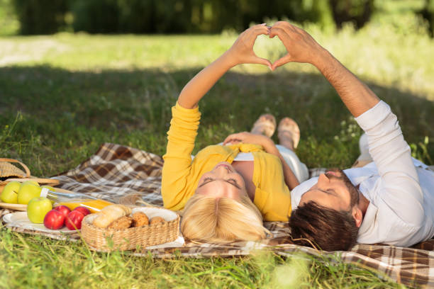 istock Happy Couple Having Picnic Gesturing Heart Shape Lying In Park 1250205810