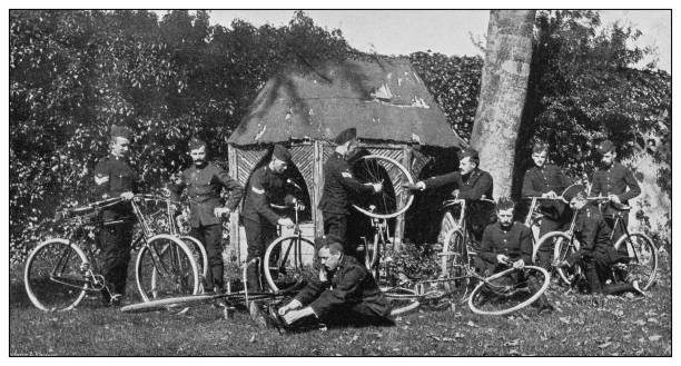 Antique photograph of British Navy and Army: South Lancashire cyclists Antique photograph of British Navy and Army: South Lancashire cyclists lancashire photos stock illustrations