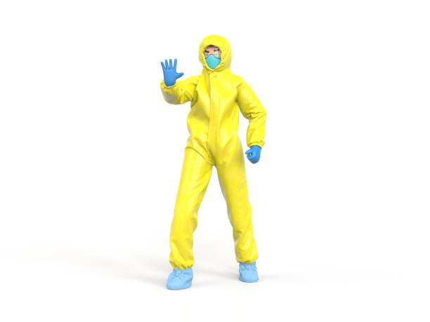 istock Medic in yellow hazmat suit raise hand, stop sign 1250208410