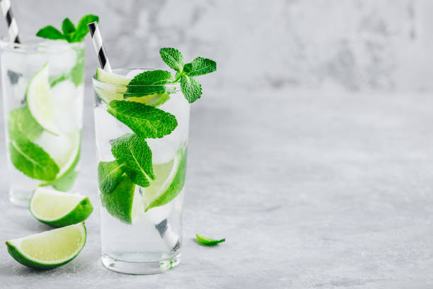 istock Mojito cocktail with ice, fresh mint and lime in glass on gray stone background. 1250210219
