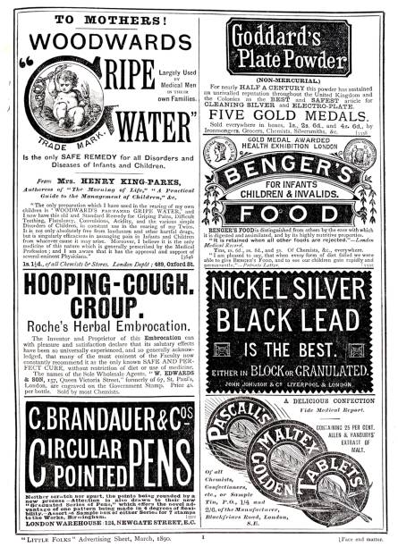bir dergideki reklamlar, 1890 - britanya kültürü illüstrasyonlar stock illustrations