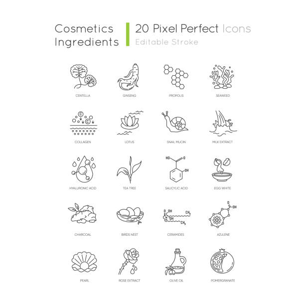 Cosmetic ingredient pixel perfect linear icons set. Exfoliating treatment. Chemical formulas. Customizable thin line contour symbols. Isolated vector outline illustrations. Editable stroke Cosmetic ingredient pixel perfect linear icons set. Exfoliating treatment. Chemical formulas. Customizable thin line contour symbols. Isolated vector outline illustrations. Editable stroke Algae stock illustrations