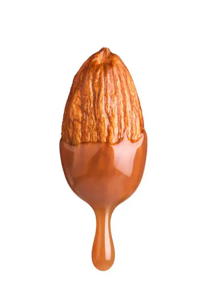 Almonds dipped in caramel isolated on white background