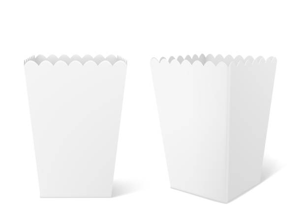 White paper box for popcorn in cinema White paper box for popcorn isolated on background. Vector realistic mock up of empty bucket for pop corn, blank square pack for chicken, potato and snack in cinema single object paper box tray stock illustrations