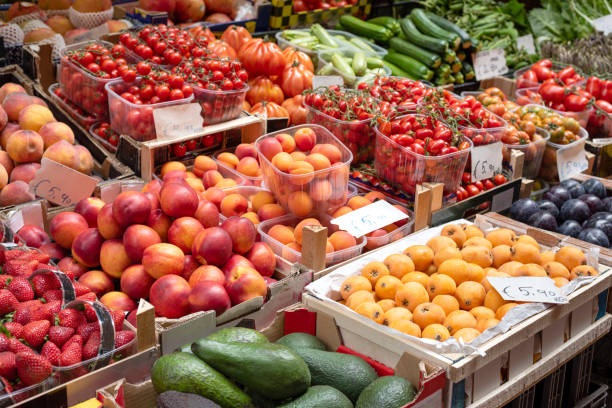 istock Fresh fruits and vegetables on market stall. Selective focus. 1250212456
